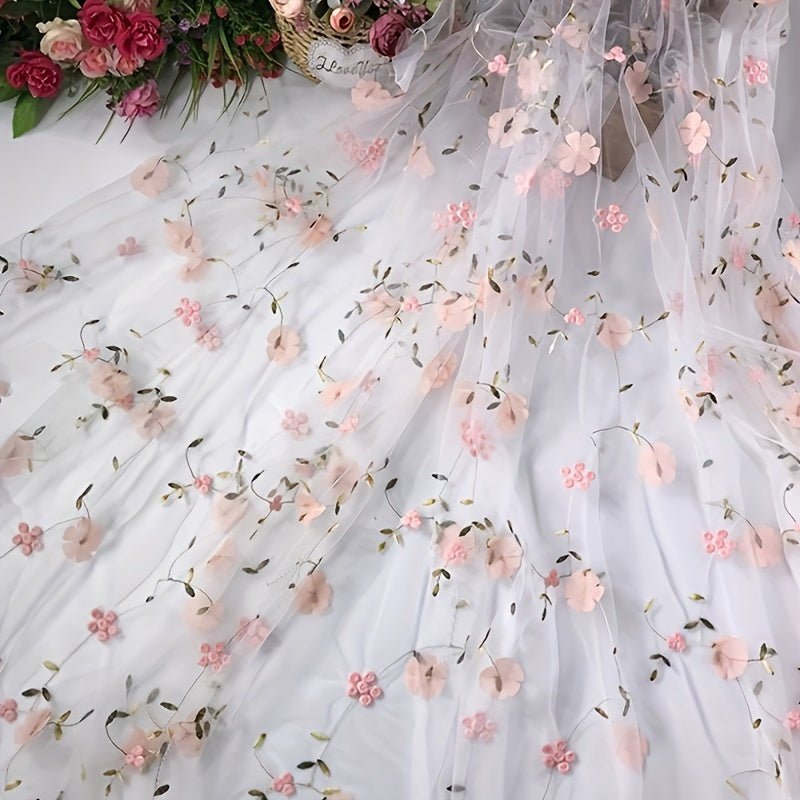 Floral Embroidered Tulle Fabric - Soft, Sheer, and Perfect for DIY Dresses, Wedding Gowns, Curtains, Tablecloths, and Handbags - 