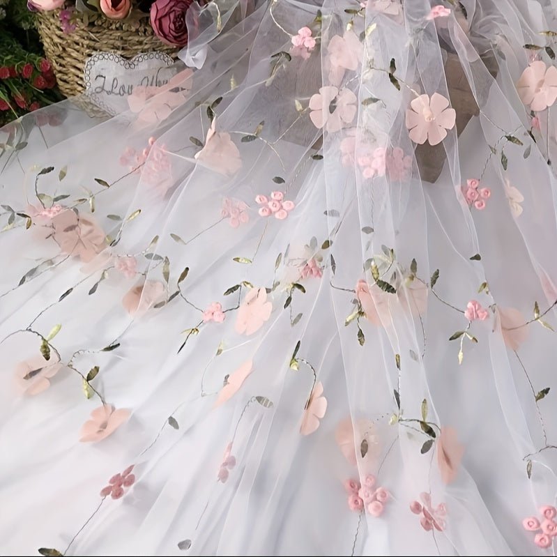 Floral Embroidered Tulle Fabric - Soft, Sheer, and Perfect for DIY Dresses, Wedding Gowns, Curtains, Tablecloths, and Handbags - 