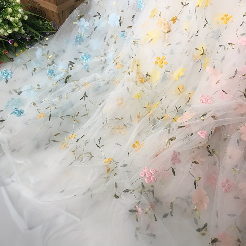 Floral Embroidered Tulle Fabric - Soft, Sheer, and Perfect for DIY Dresses, Wedding Gowns, Curtains, Tablecloths, and Handbags - 