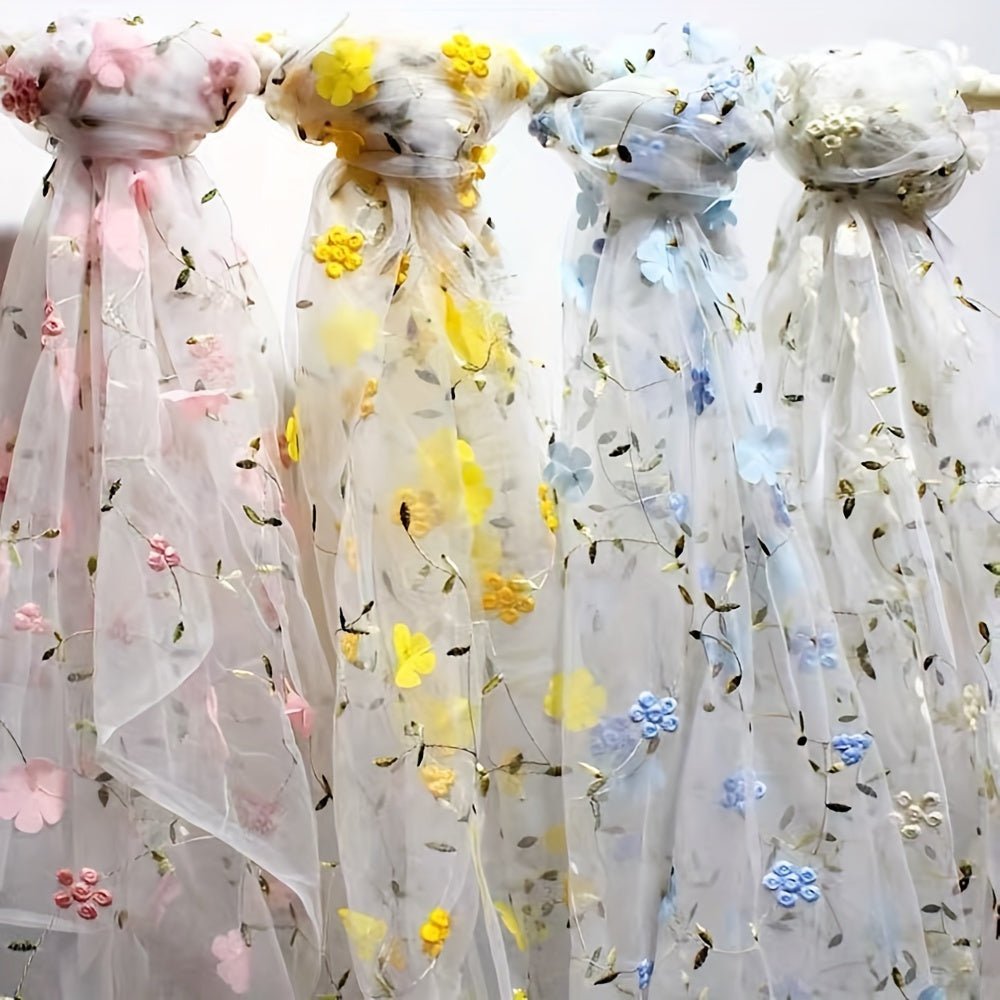 Floral Embroidered Tulle Fabric - Soft, Sheer, and Perfect for DIY Dresses, Wedding Gowns, Curtains, Tablecloths, and Handbags - 