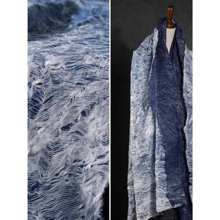 Lake blue striped pleated fabric, old craft, designer fabrics - 