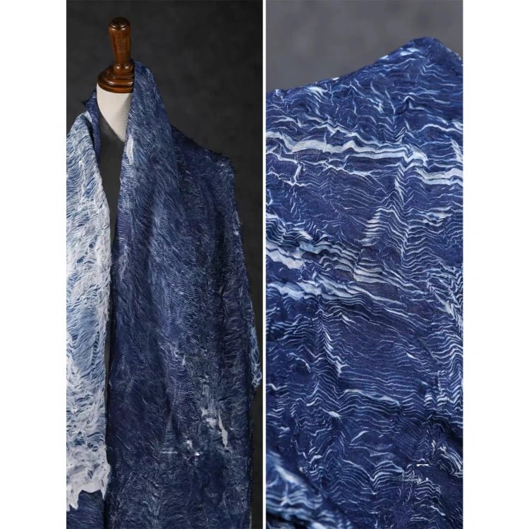 Lake blue striped pleated fabric, old craft, designer fabrics - 