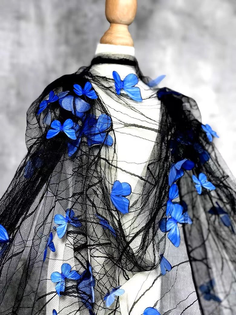 LasilkFabric 3D Butterfly Embroidered Spider Web Yarn Fabric - Black Lace Hanfu Dress Material - Luxurious DIY Handmade Fabric for Special Occasions - 