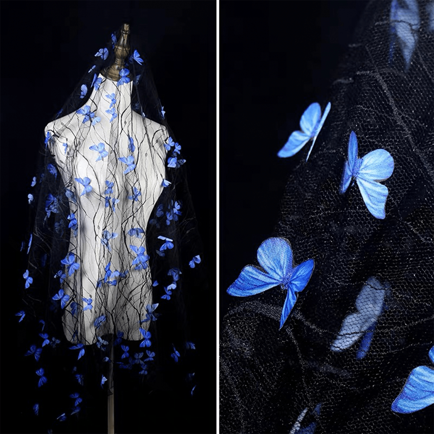 LasilkFabric 3D Butterfly Embroidered Spider Web Yarn Fabric - Black Lace Hanfu Dress Material - Luxurious DIY Handmade Fabric for Special Occasions - 