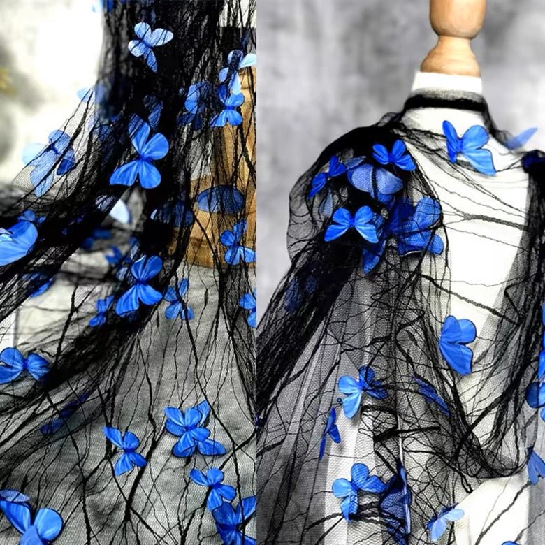 LasilkFabric 3D Butterfly Embroidered Spider Web Yarn Fabric - Black Lace Hanfu Dress Material - Luxurious DIY Handmade Fabric for Special Occasions - 