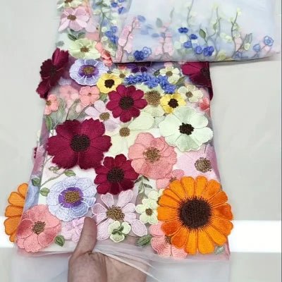 LasilkFabric Multi Color Soft Tulle Lace Fabric 3D Flower Decoration Dress Fabric 3D Decal Embroidery Fabric DIY Weeding Dress - 