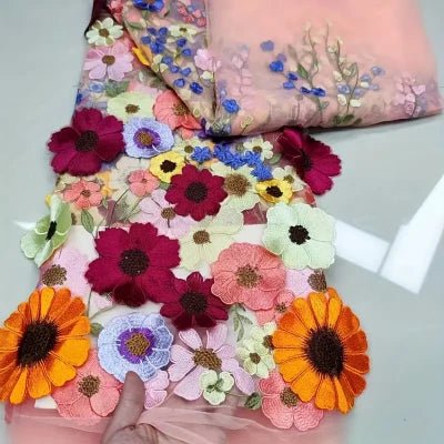 LasilkFabric Multi Color Soft Tulle Lace Fabric 3D Flower Decoration Dress Fabric 3D Decal Embroidery Fabric DIY Weeding Dress - 