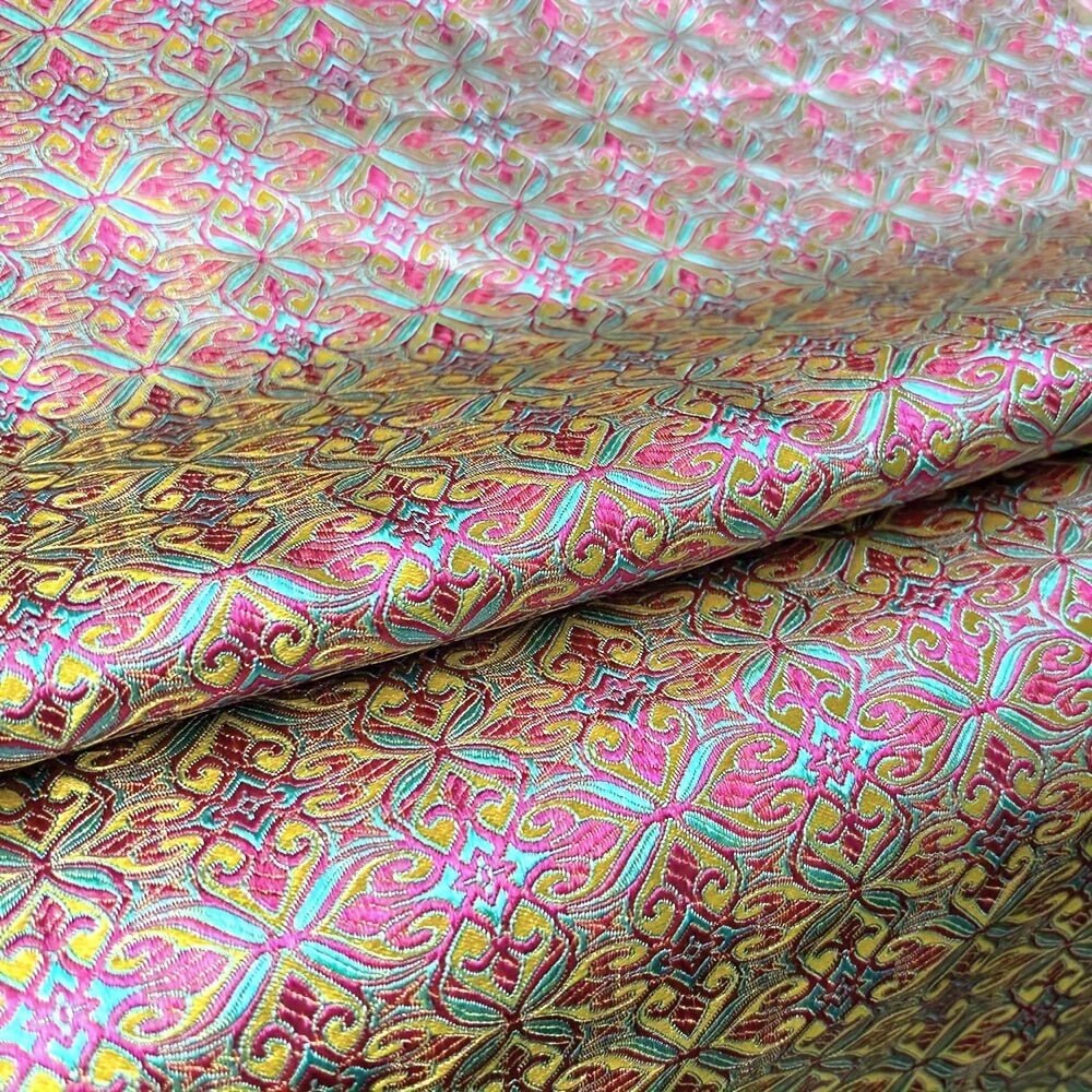 Premium Nigerian Jacquard Damask Fabric - Luxurious African Satin Brocade with Vibrant Pink, Yellow, Green & Blue Floral Pattern - 