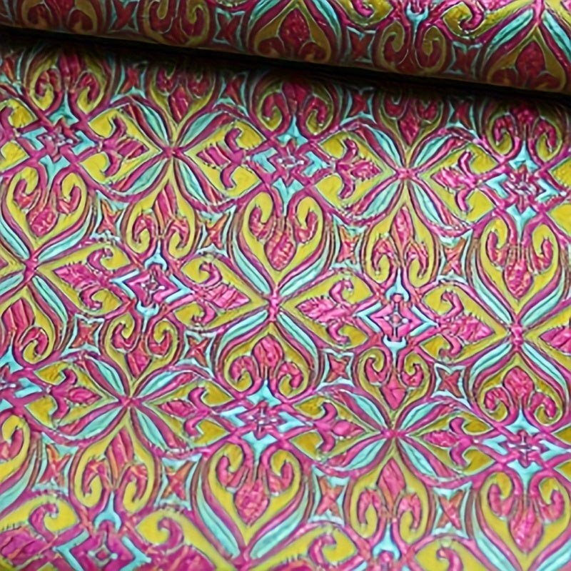 Premium Nigerian Jacquard Damask Fabric - Luxurious African Satin Brocade with Vibrant Pink, Yellow, Green & Blue Floral Pattern - 