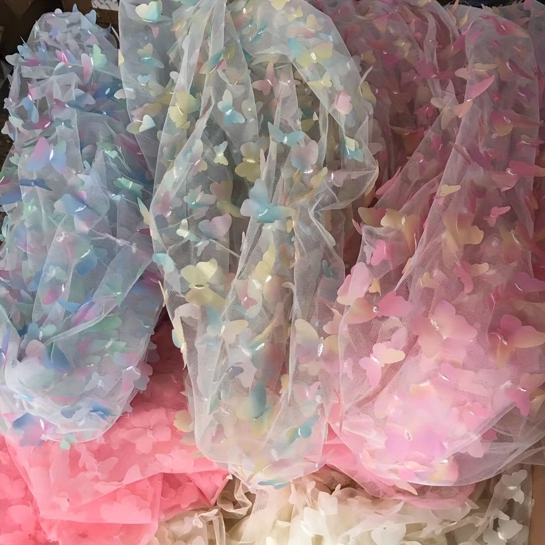Rainbow Color Butterfly 3d Applique Gradient Flowers Mesh Lace Fabric For Clothing Sewing Accessories, 132.08cm*1yard - 