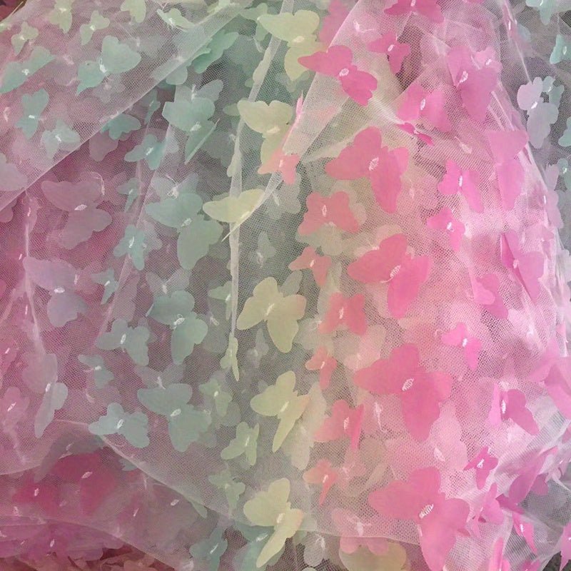 Rainbow Color Butterfly 3d Applique Gradient Flowers Mesh Lace Fabric For Clothing Sewing Accessories, 132.08cm*1yard - 