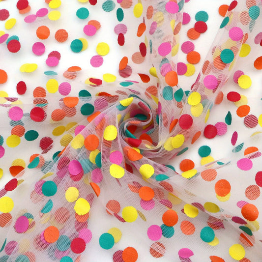 Rainbow Dots Spot Sparkling Tulle Mesh Gauze Fabric - Perfect for DIY Bows, Doll Clothes, Party Capes & Photo Backdrops - 