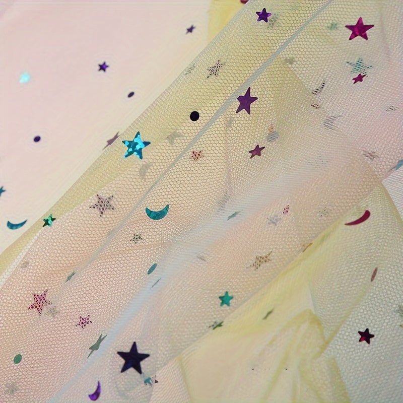 Rainbow Gradient Tulle Fabric with Star & Moon Design, Perfect for DIY Bows, Doll Dresses & Apparel Accessories - 