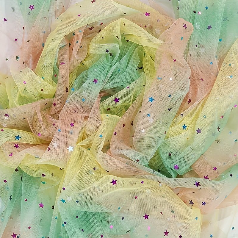 Rainbow Gradient Tulle Fabric with Star & Moon Design, Perfect for DIY Bows, Doll Dresses & Apparel Accessories - 