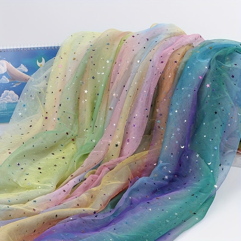 Rainbow Gradient Tulle Fabric with Star & Moon Design, Perfect for DIY Bows, Doll Dresses & Apparel Accessories - 