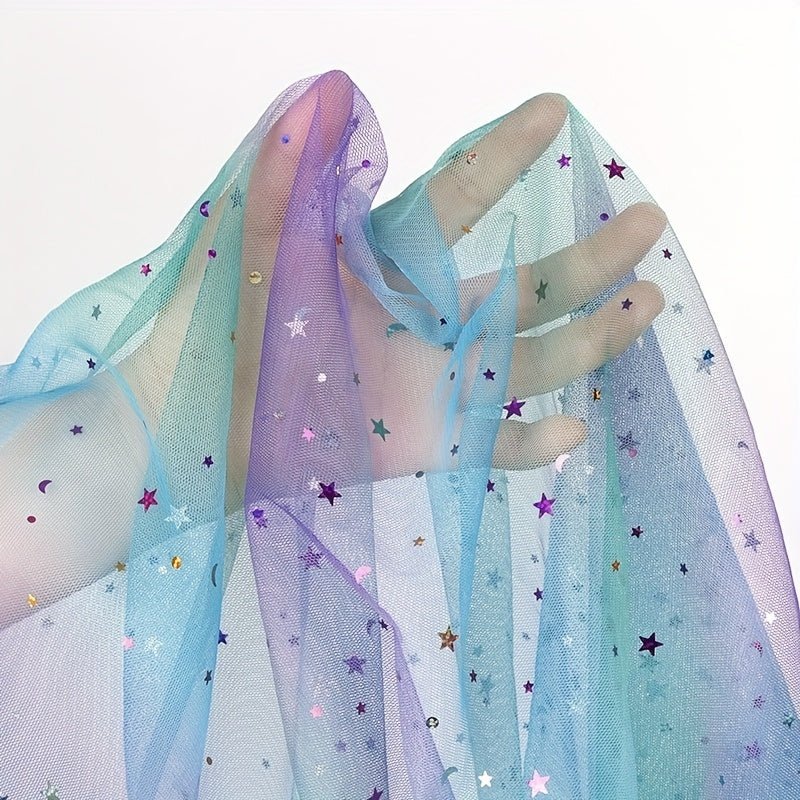Rainbow Gradient Tulle Fabric with Star & Moon Design, Perfect for DIY Bows, Doll Dresses & Apparel Accessories - 