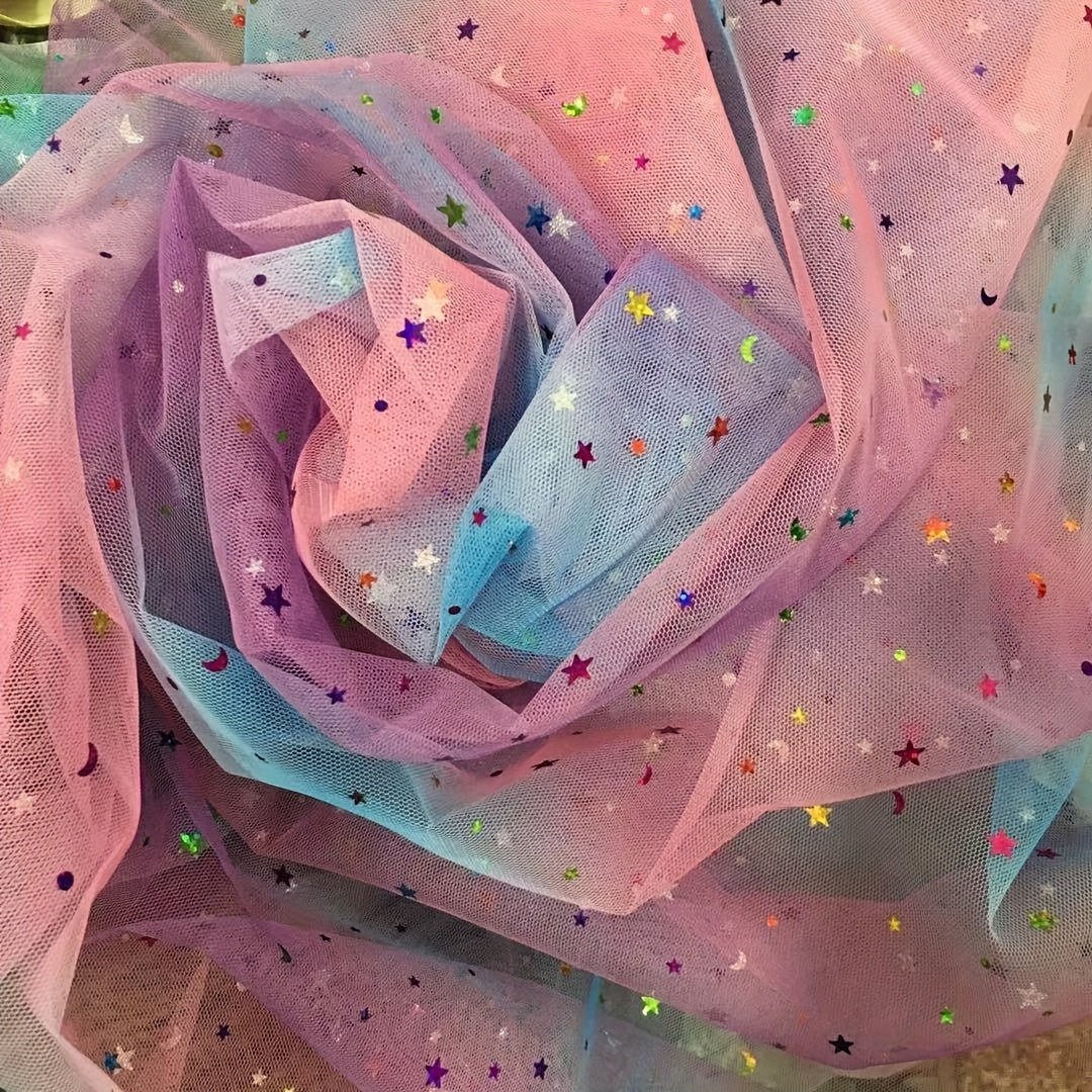 Rainbow Gradient Tulle Fabric with Star & Moon Design, Perfect for DIY Bows, Doll Dresses & Apparel Accessories - 