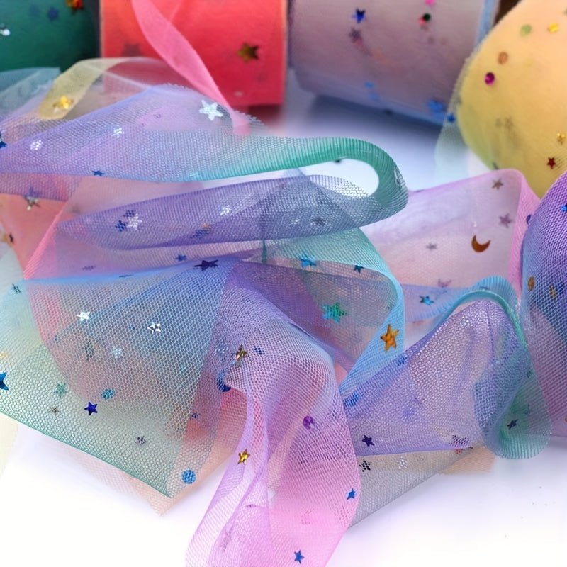 Rainbow Gradient Tulle Fabric with Star & Moon Design, Perfect for DIY Bows, Doll Dresses & Apparel Accessories - 