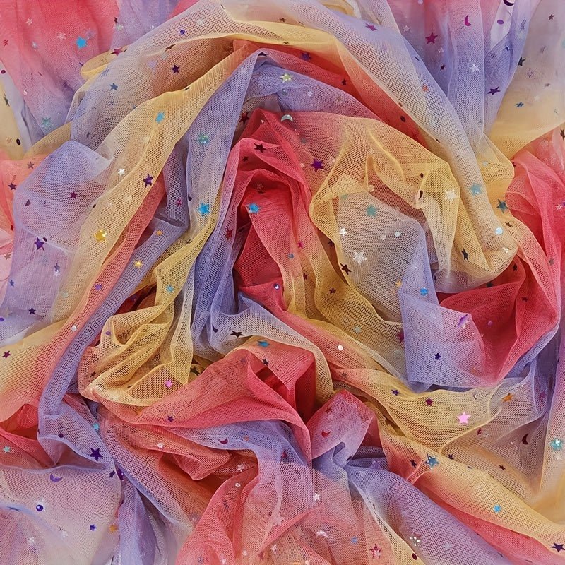 Rainbow Gradient Tulle Fabric with Star & Moon Design, Perfect for DIY Bows, Doll Dresses & Apparel Accessories - 