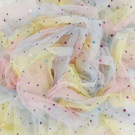 Rainbow Gradient Tulle Fabric with Star & Moon Design, Perfect for DIY Bows, Doll Dresses & Apparel Accessories - 