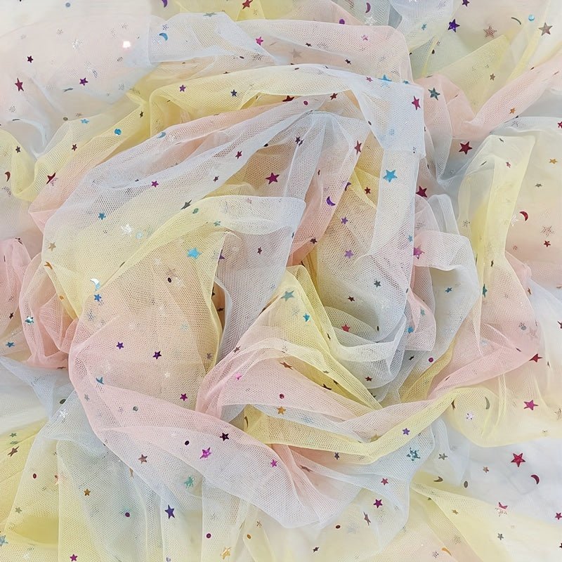 Rainbow Gradient Tulle Fabric with Star & Moon Design, Perfect for DIY Bows, Doll Dresses & Apparel Accessories - 