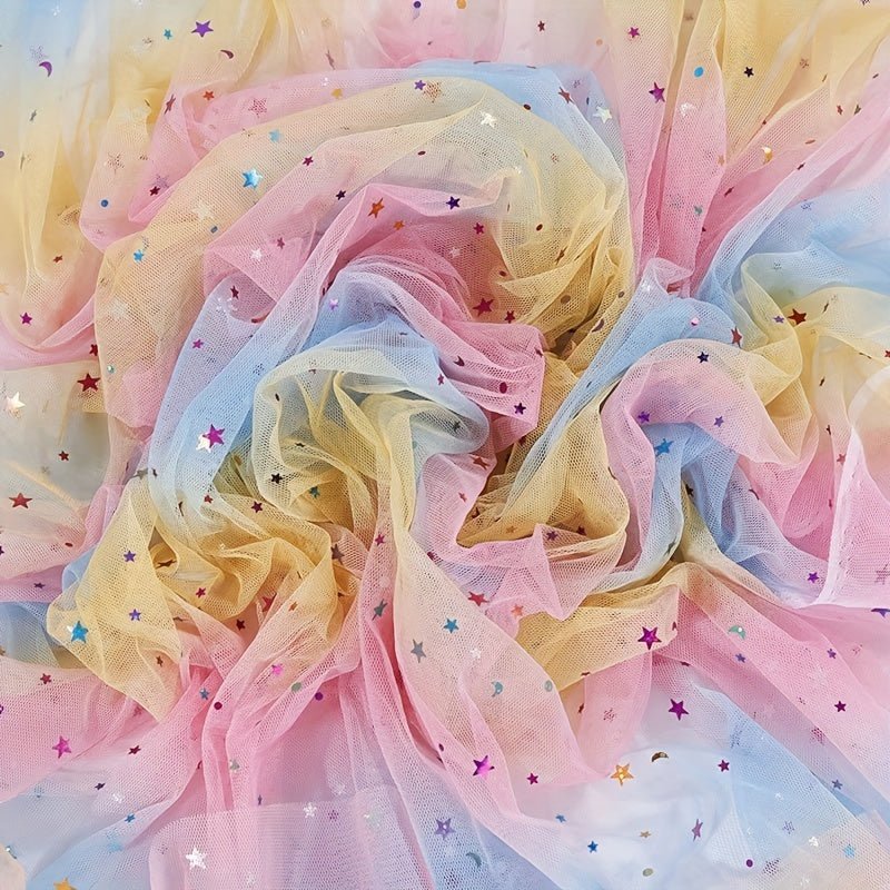 Rainbow Gradient Tulle Fabric with Star & Moon Design, Perfect for DIY Bows, Doll Dresses & Apparel Accessories - 