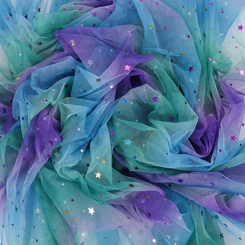 Rainbow Gradient Tulle Fabric with Star & Moon Design, Perfect for DIY Bows, Doll Dresses & Apparel Accessories - 