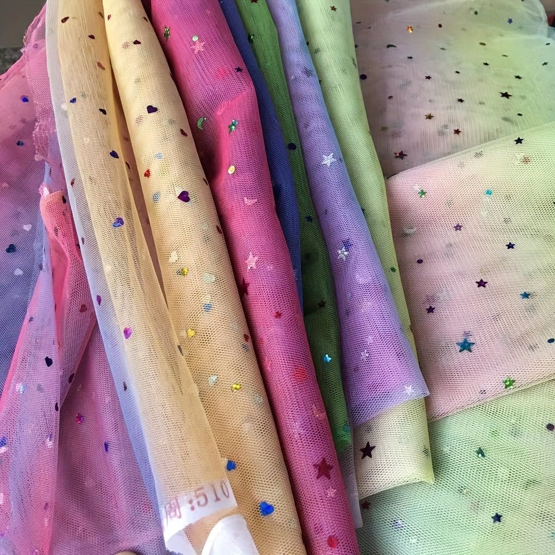 Rainbow Gradient Tulle Fabric with Star & Moon Design, Perfect for DIY Bows, Doll Dresses & Apparel Accessories - 