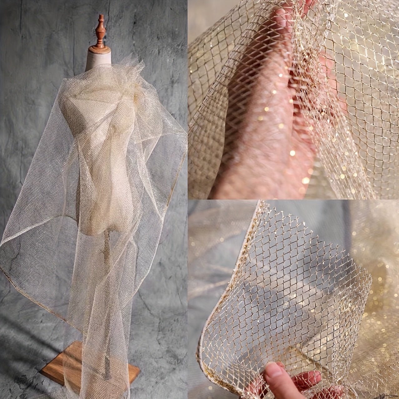 Shiny Voile Tulle Mesh Fabric Party Home Decor Transparent Plaid Net Fabric Golden Silvery Gauze Apparel Mesh Cloth DIY Sewing - 