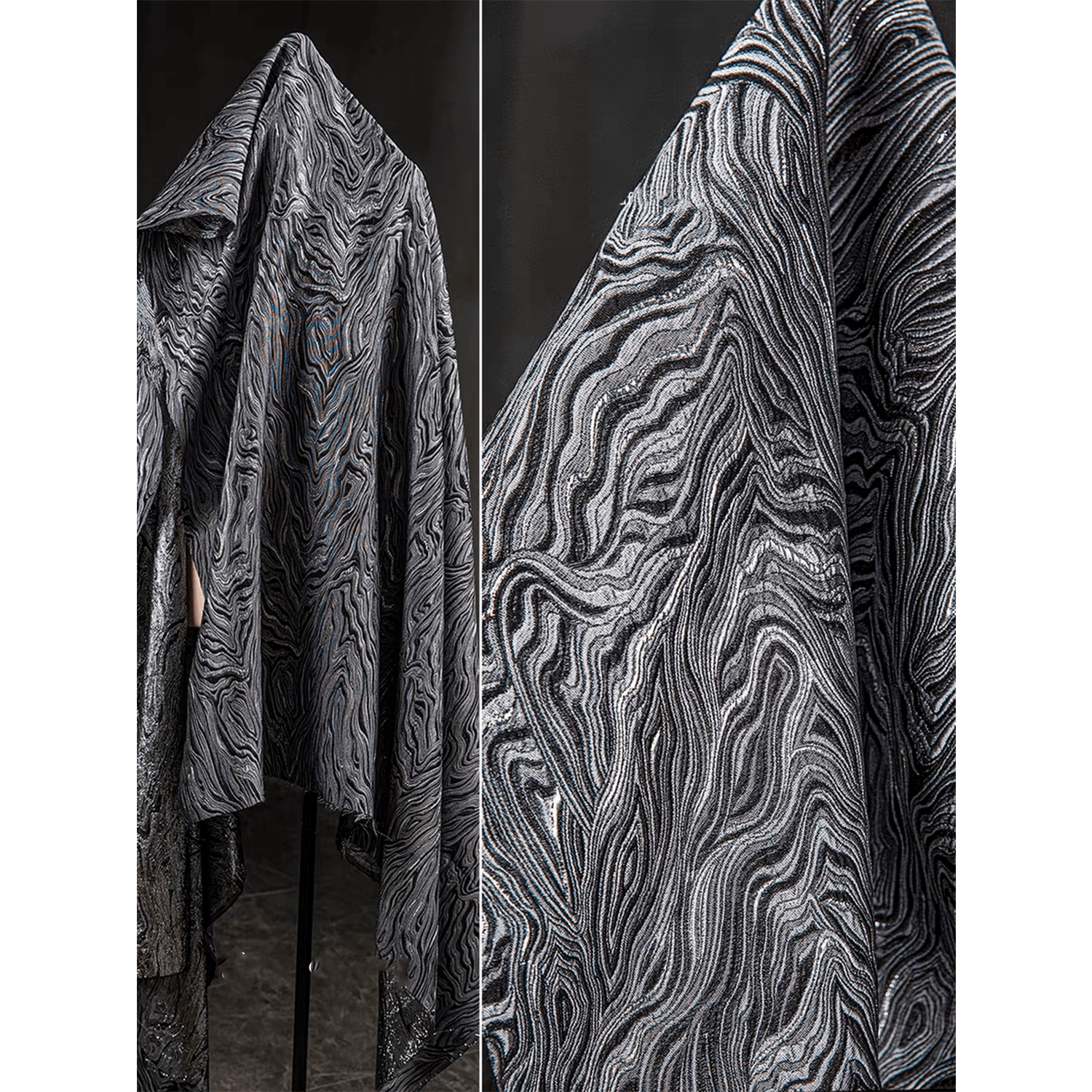 Silver Black Textured Jacquard Designer Fabric - 