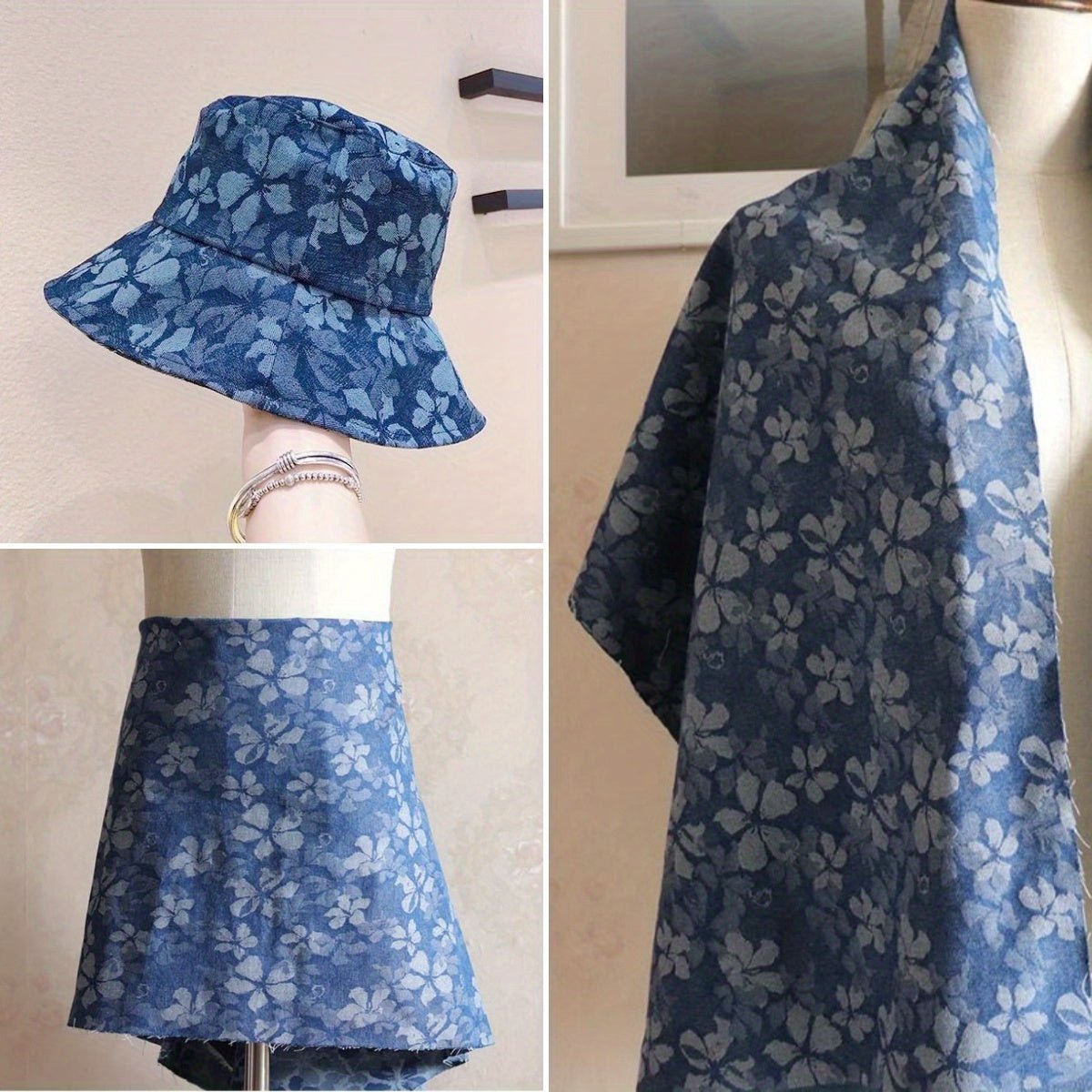 Stretchy Blue Denim Fabric with Floral Pattern - 