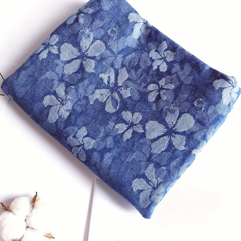 Stretchy Blue Denim Fabric with Floral Pattern - 