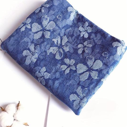 Stretchy Blue Denim Fabric with Floral Pattern - 