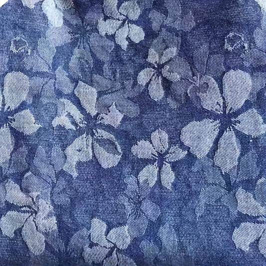 Stretchy Blue Denim Fabric with Floral Pattern - 
