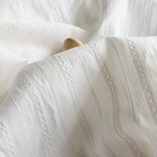 White Cotton Jacquard Fabric, Pre - Cut Floral Pattern - 